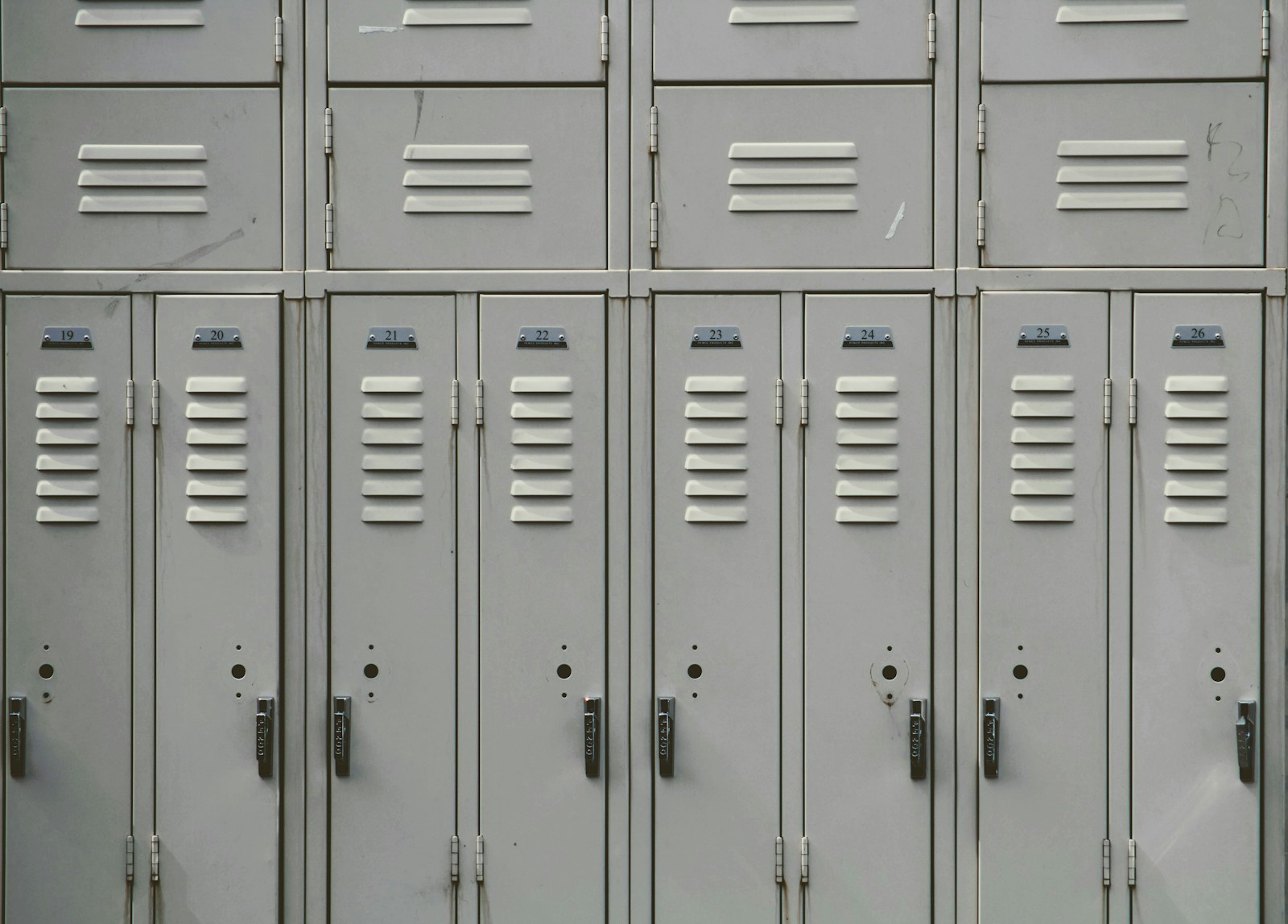 A bank of numbered school lockers